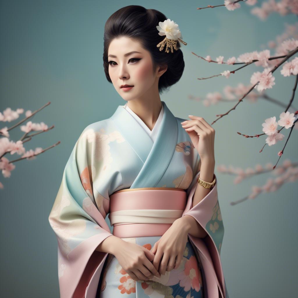 A stunning image of japanese glamour icon in a stylish kimono highlighted by gentle pastel accents.