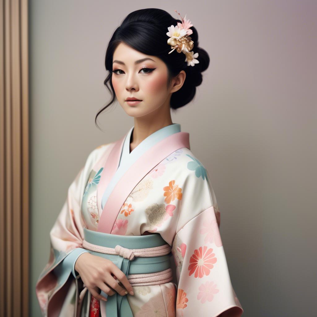 A stunning image of japanese glamour icon in a stylish kimono highlighted by gentle pastel accents.
