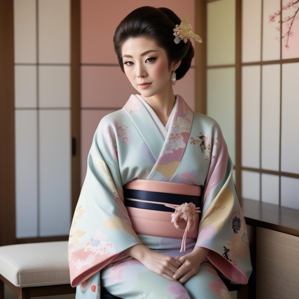 A stunning image of japanese glamour icon in a stylish kimono highlighted by gentle pastel accents.