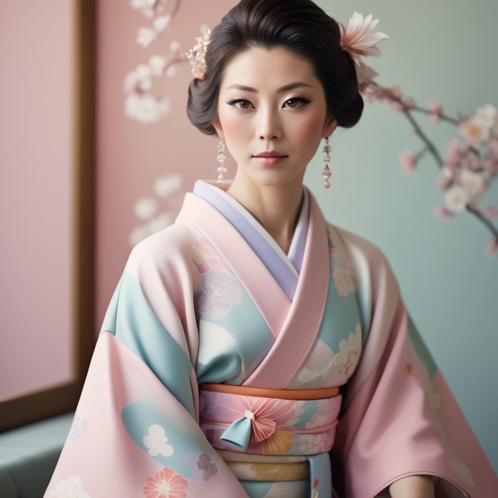 A stunning image of japanese glamour icon in a stylish kimono highlighted by gentle pastel accents.