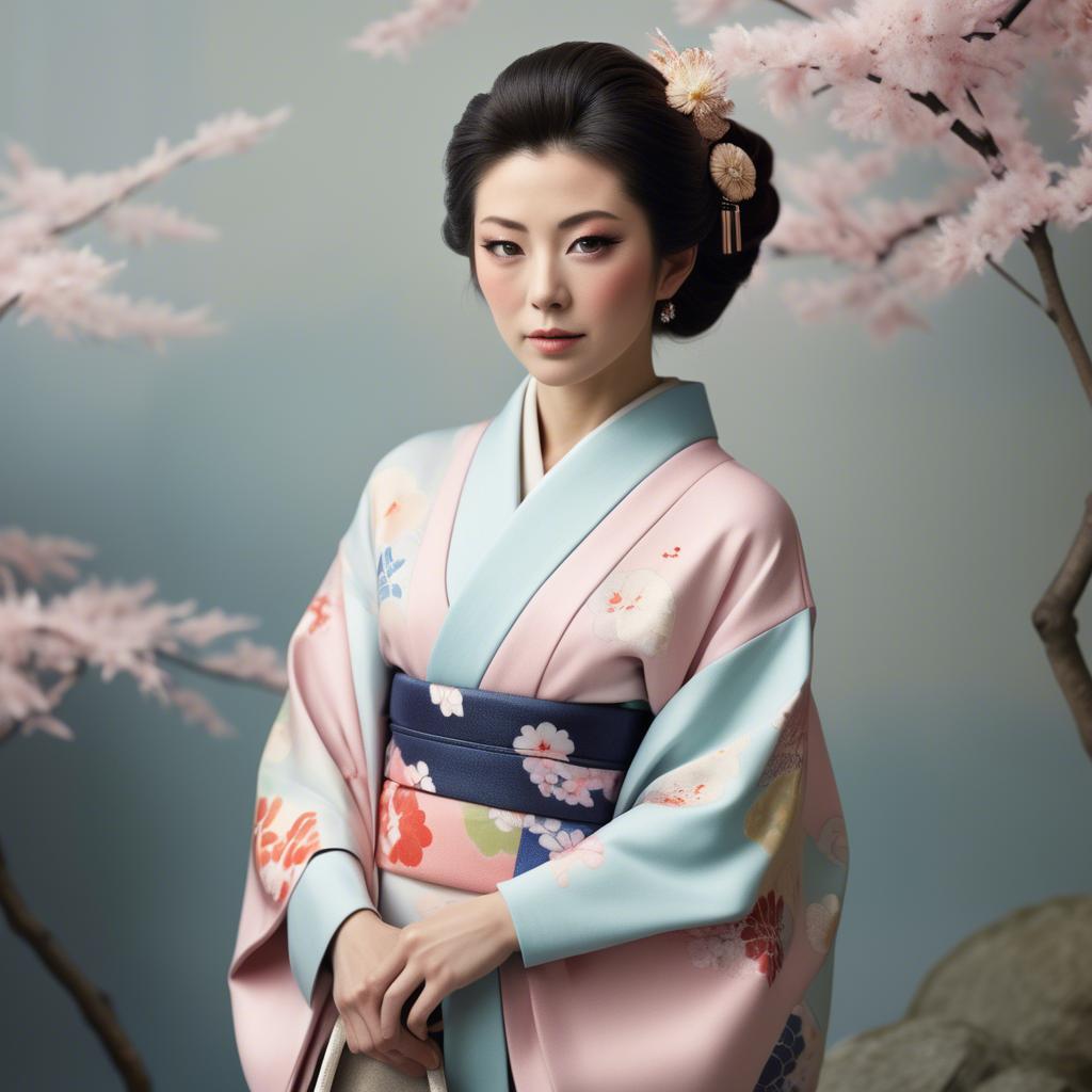 A stunning image of japanese glamour icon in a stylish kimono highlighted by gentle pastel accents.