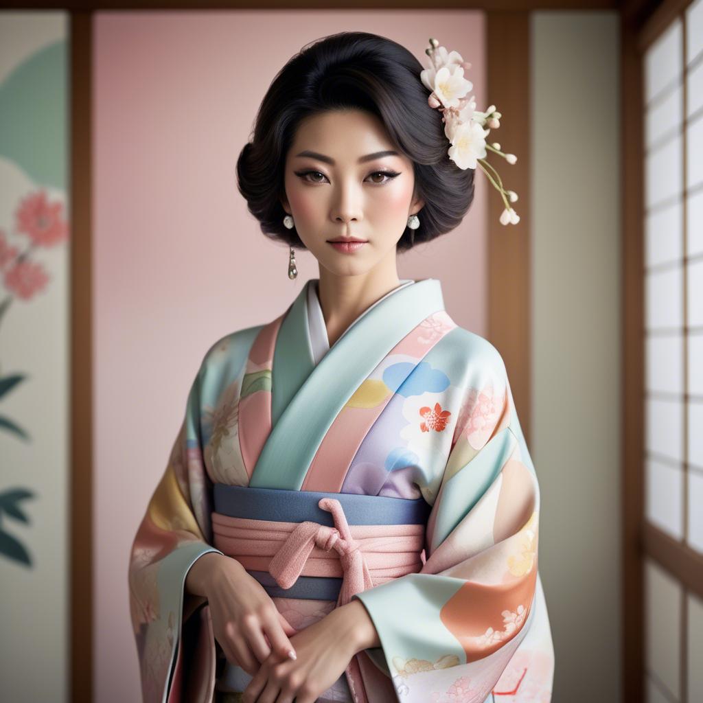 A stunning image of japanese glamour icon in a stylish kimono highlighted by gentle pastel accents.