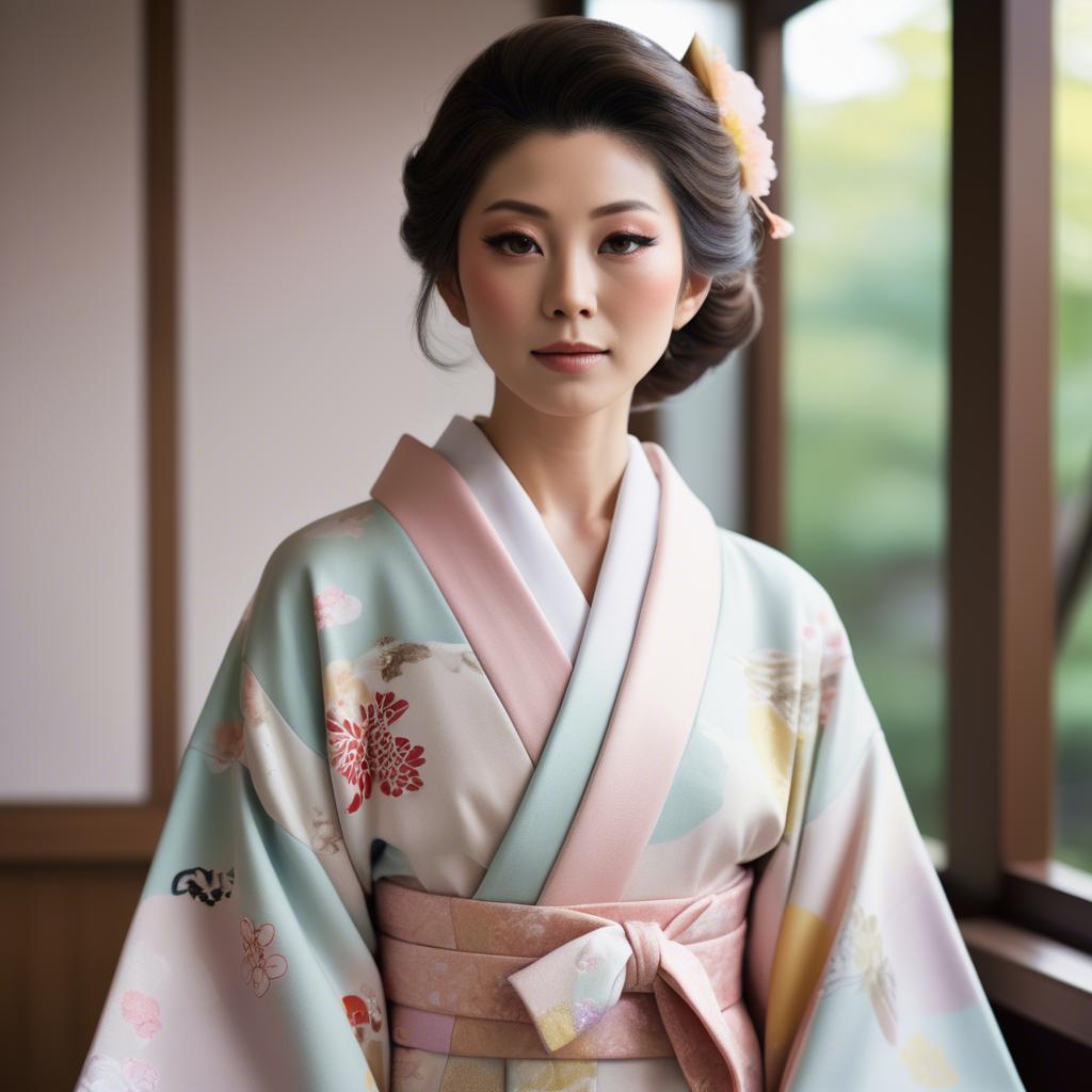 A stunning image of japanese glamour icon in a stylish kimono highlighted by gentle pastel accents.