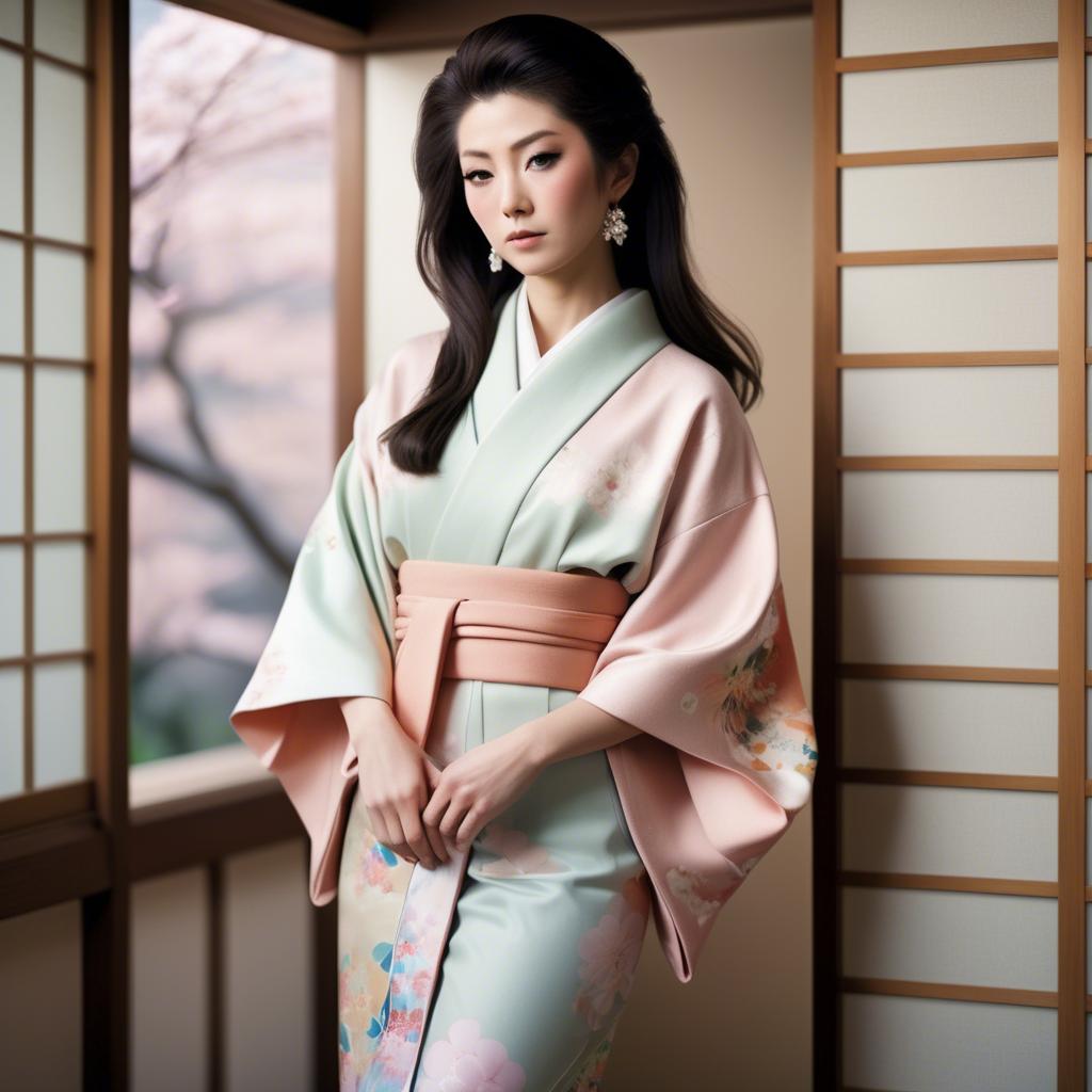 A stunning image of japanese glamour icon in a stylish kimono highlighted by gentle pastel accents.