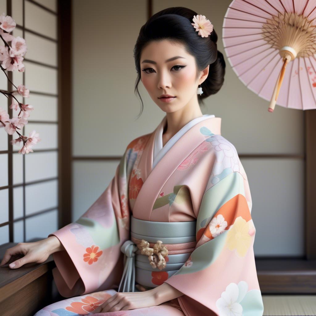 A stunning image of japanese glamour icon in a stylish kimono highlighted by gentle pastel accents.