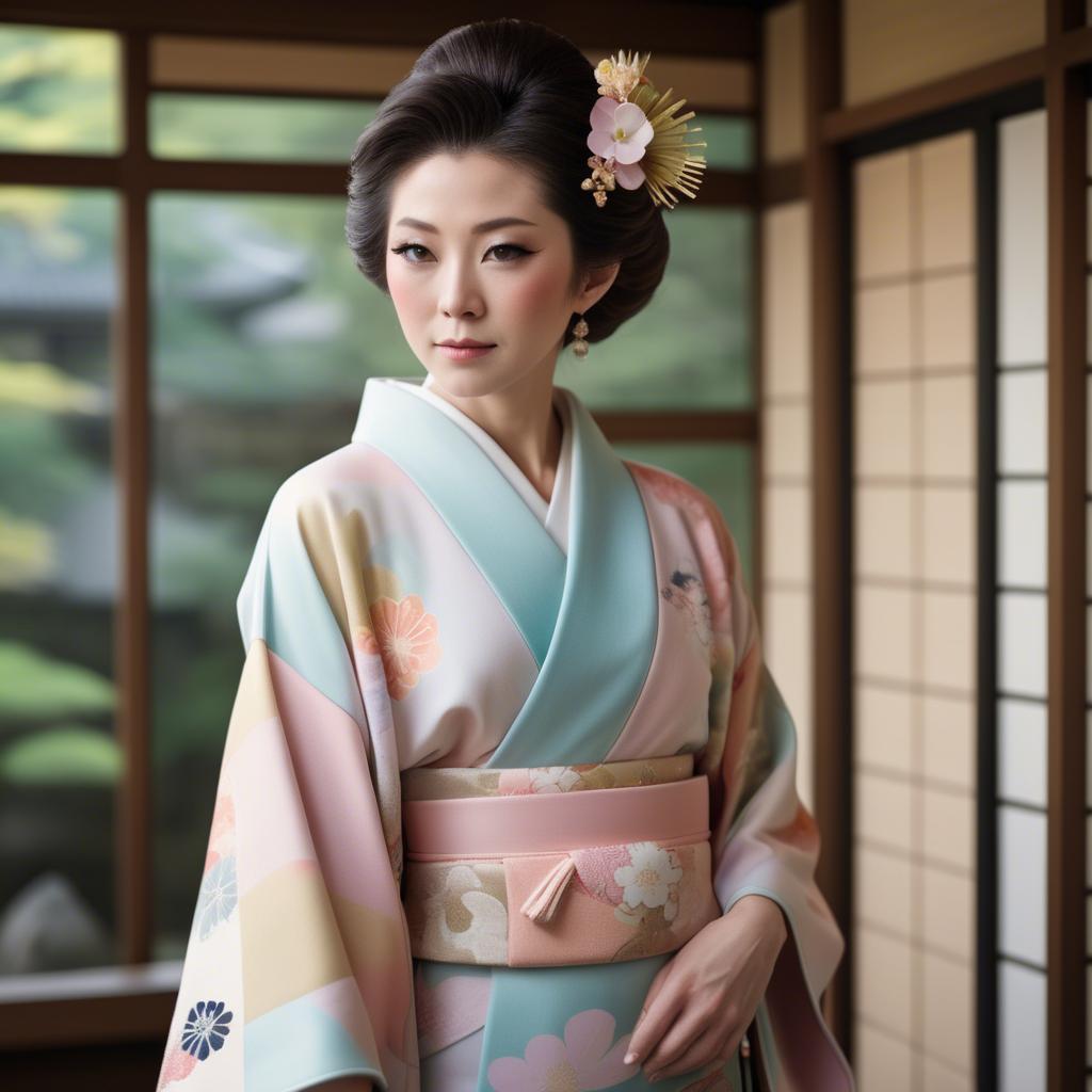 A stunning image of japanese glamour icon in a stylish kimono highlighted by gentle pastel accents.