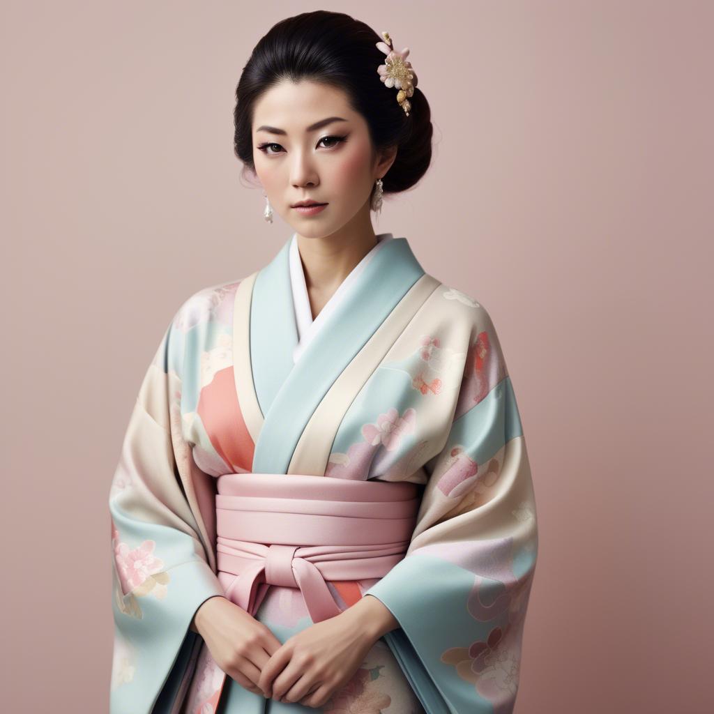 A stunning image of japanese glamour icon in a stylish kimono highlighted by gentle pastel accents.