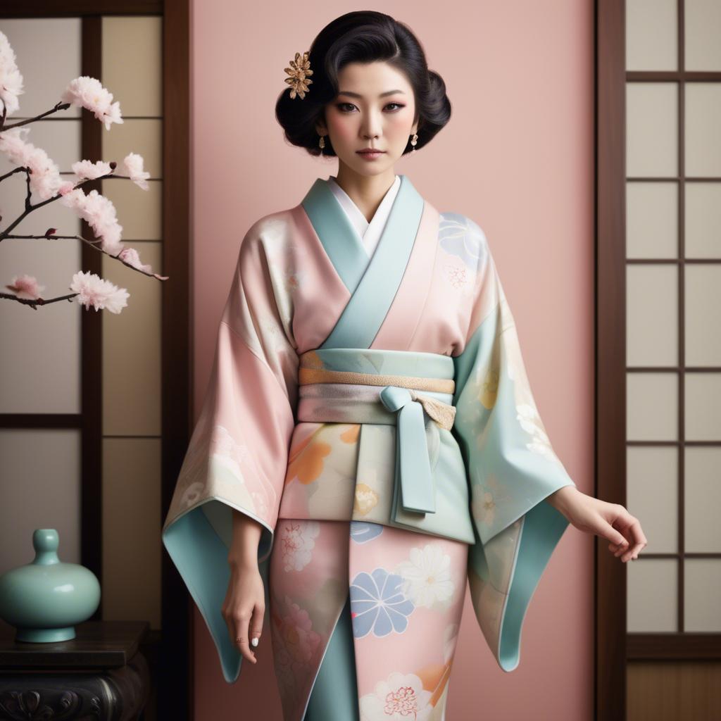 A stunning image of japanese glamour icon in a stylish kimono highlighted by gentle pastel accents.