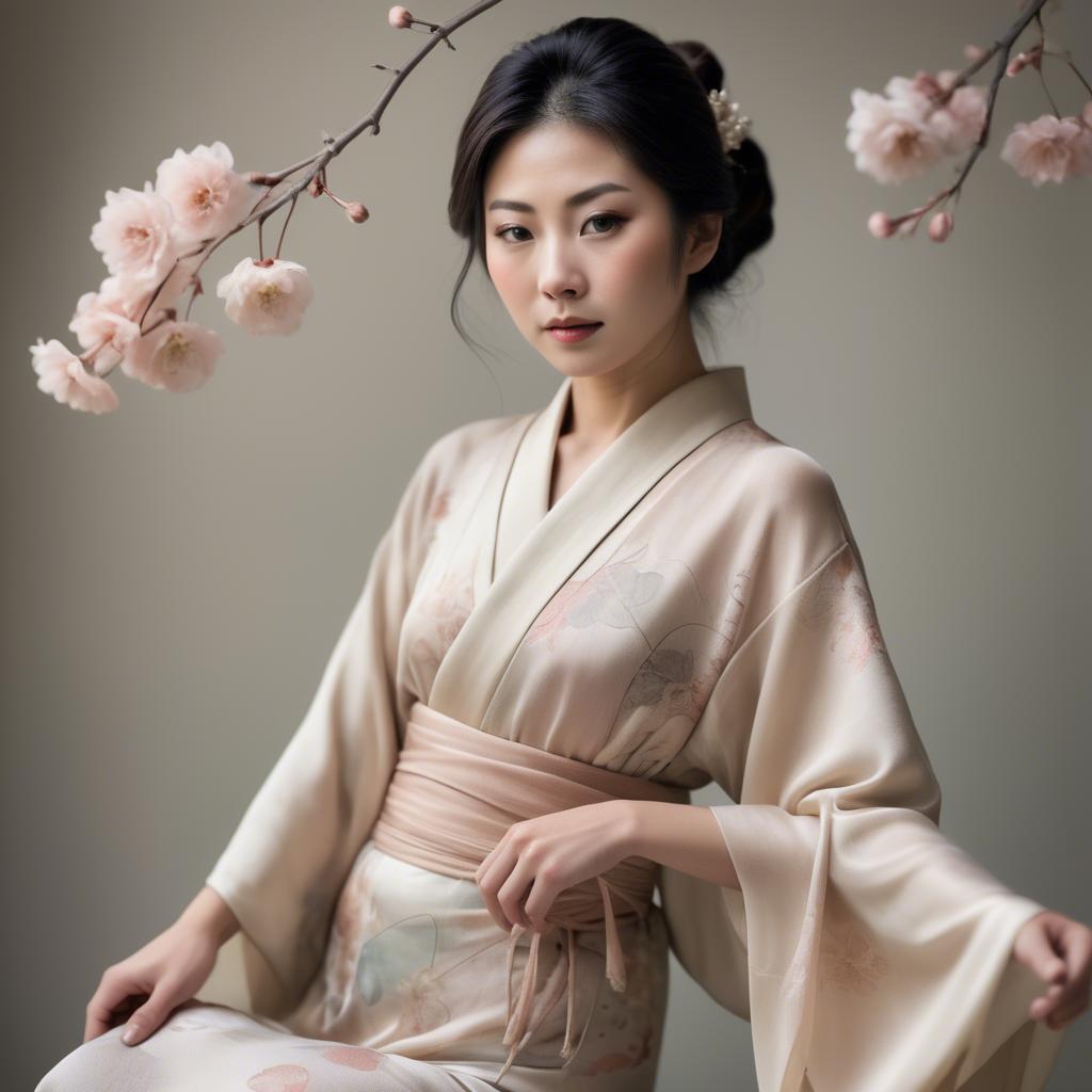 A stunning image of japanese woman in delicate silk tones.