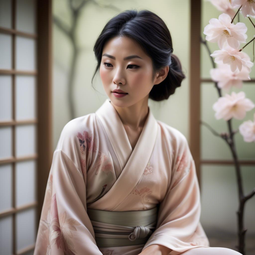 A stunning image of japanese woman in delicate silk tones.