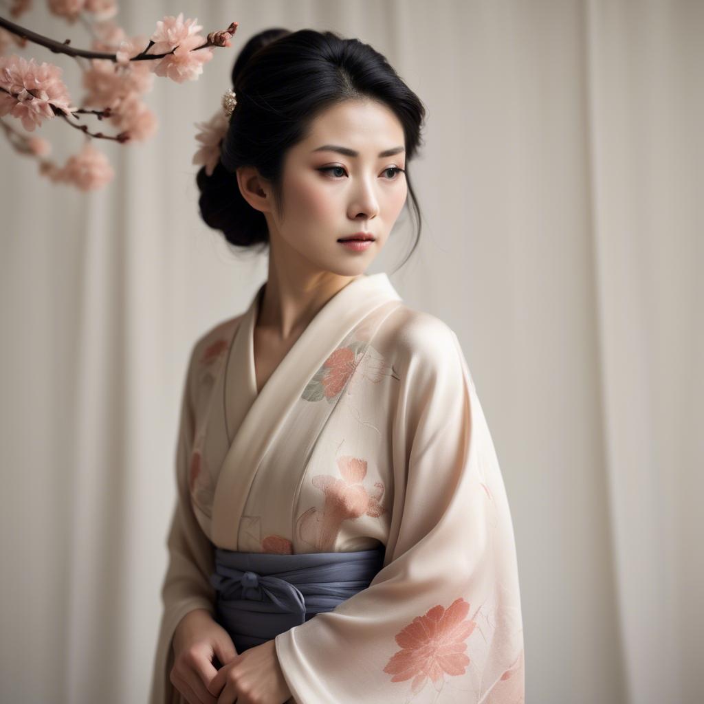 A stunning image of japanese woman in delicate silk tones.