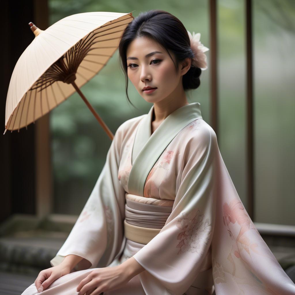 A stunning image of japanese woman in delicate silk tones.