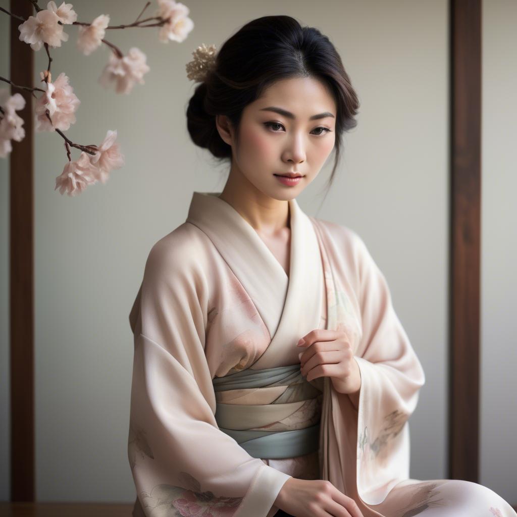 A stunning image of japanese woman in delicate silk tones.