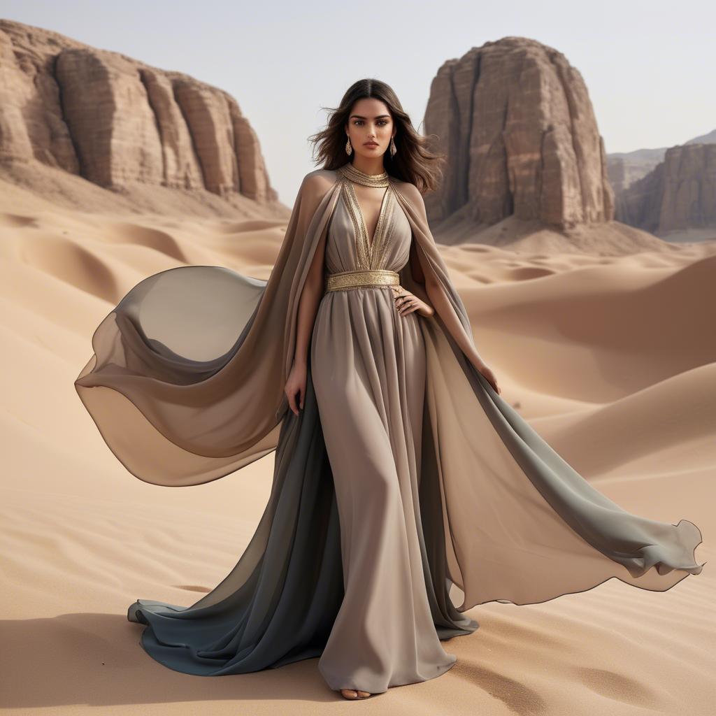 A stunning image of jordanian glamour highlighted by a billowing chiffon cape capturing desert-inspired hues.
