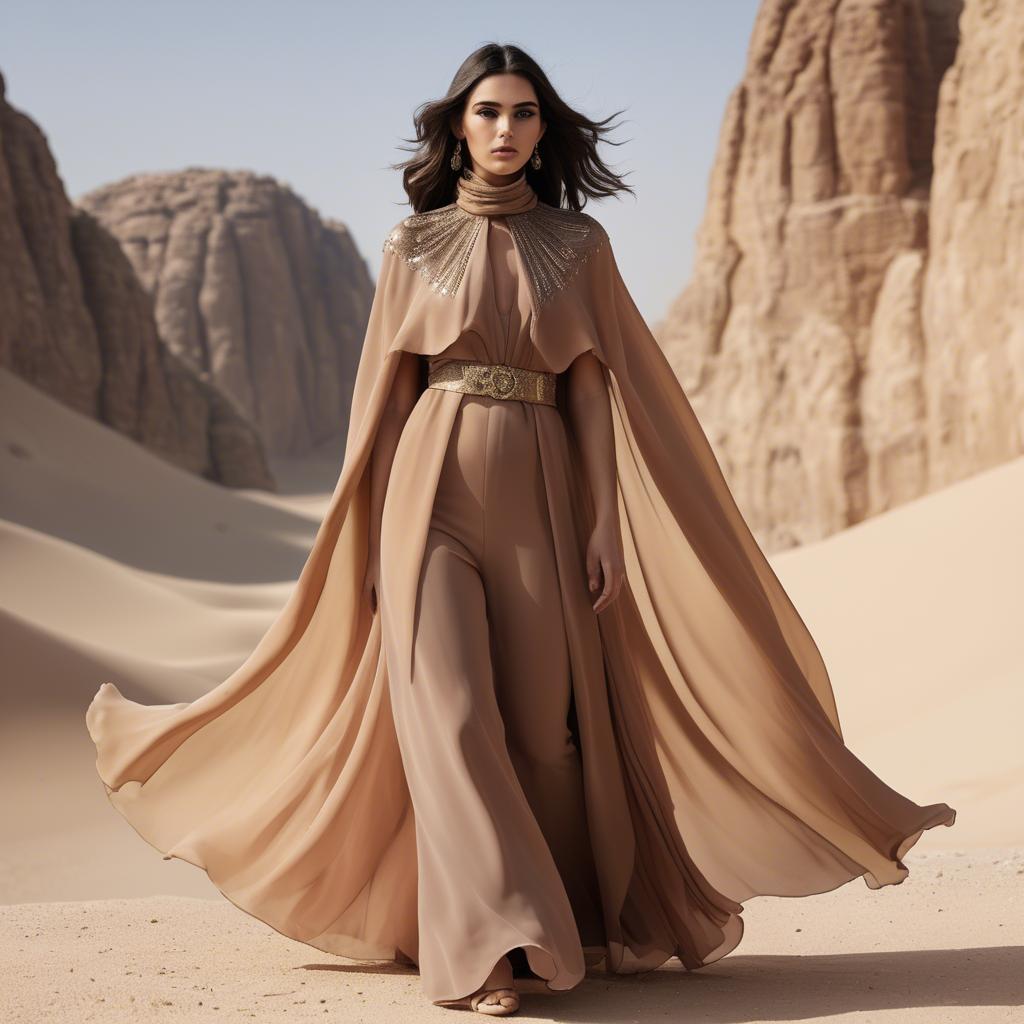 A stunning image of jordanian glamour highlighted by a billowing chiffon cape capturing desert-inspired hues.
