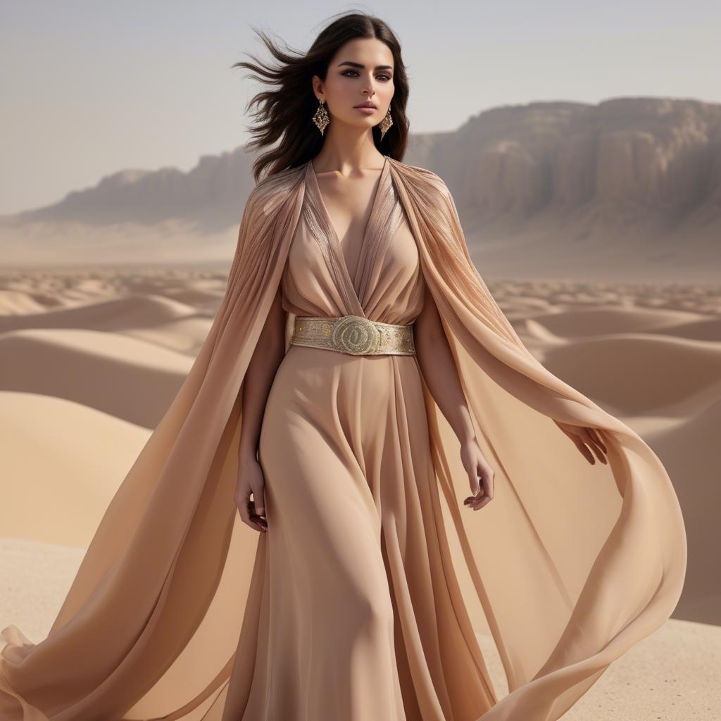 A stunning image of jordanian glamour highlighted by a billowing chiffon cape capturing desert-inspired hues.