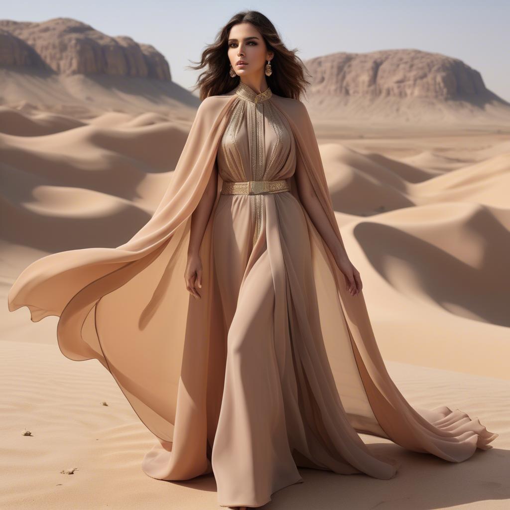 A stunning image of jordanian glamour highlighted by a billowing chiffon cape capturing desert-inspired hues.
