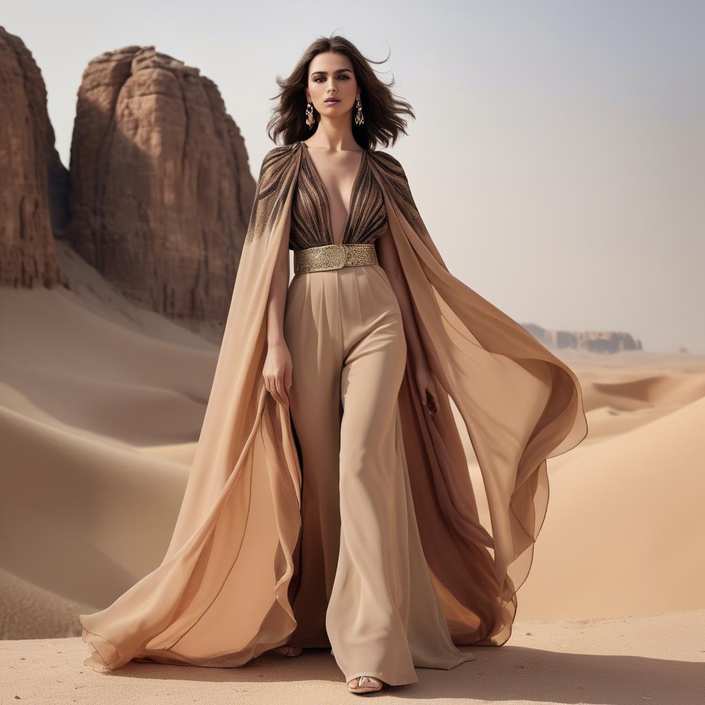 A stunning image of jordanian glamour highlighted by a billowing chiffon cape capturing desert-inspired hues.
