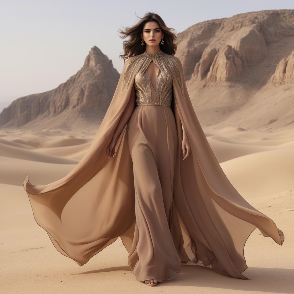 A stunning image of jordanian glamour highlighted by a billowing chiffon cape capturing desert-inspired hues.