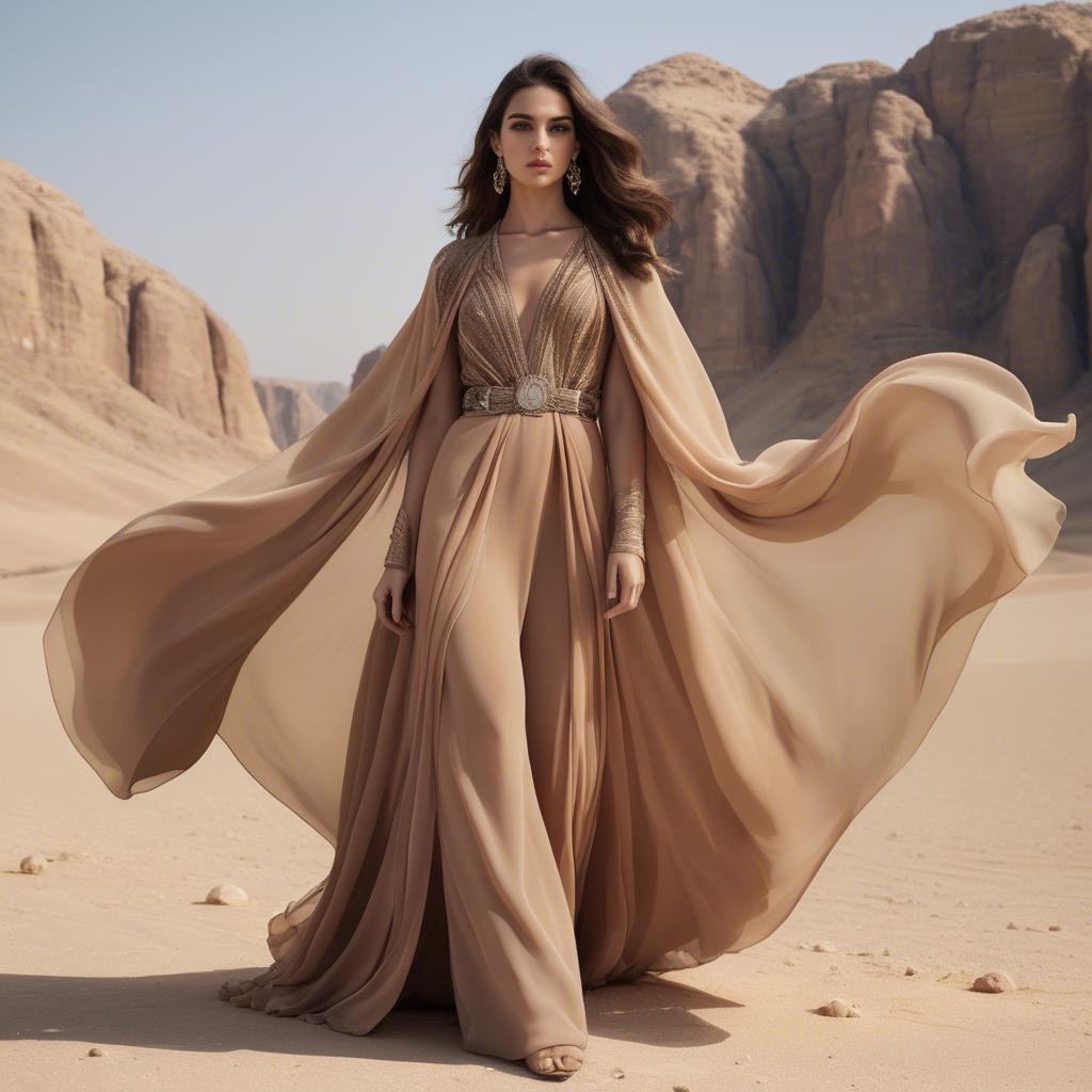 A stunning image of jordanian glamour highlighted by a billowing chiffon cape capturing desert-inspired hues.