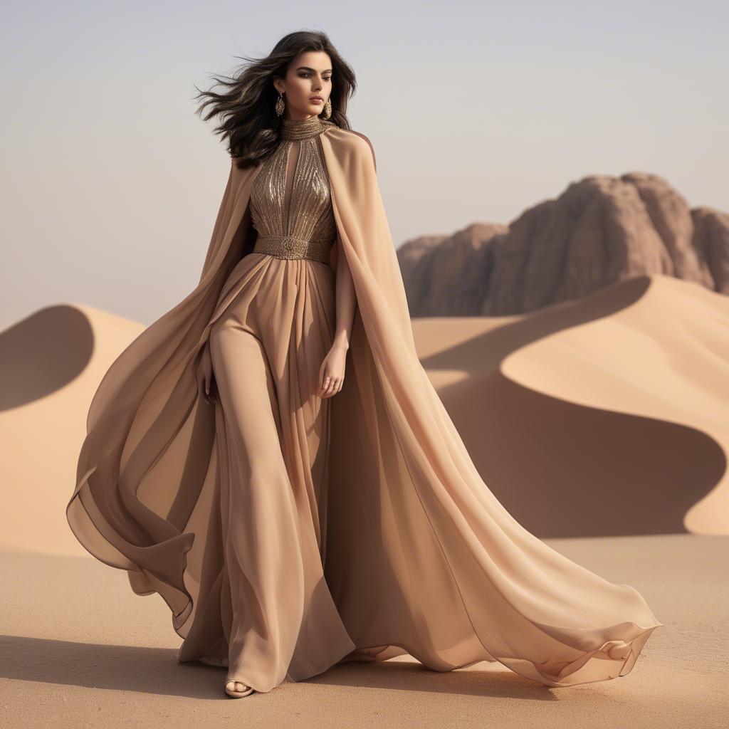 A stunning image of jordanian glamour highlighted by a billowing chiffon cape capturing desert-inspired hues.
