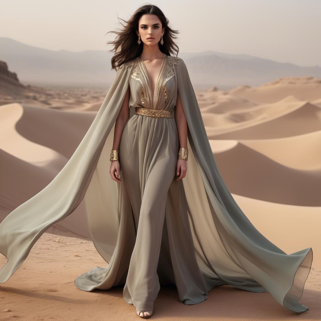 A stunning image of jordanian glamour highlighted by a billowing chiffon cape capturing desert-inspired hues.