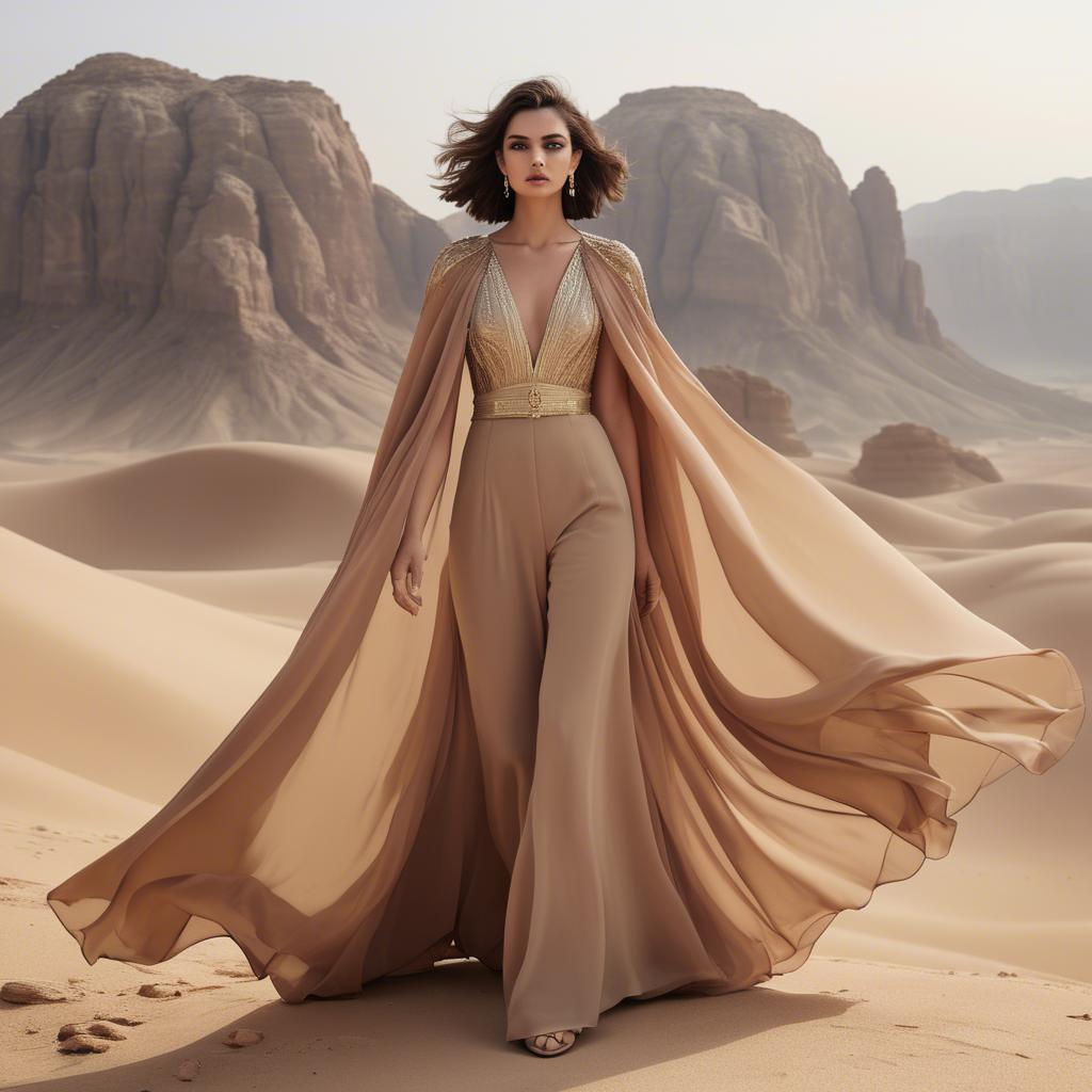 A stunning image of jordanian glamour highlighted by a billowing chiffon cape capturing desert-inspired hues.