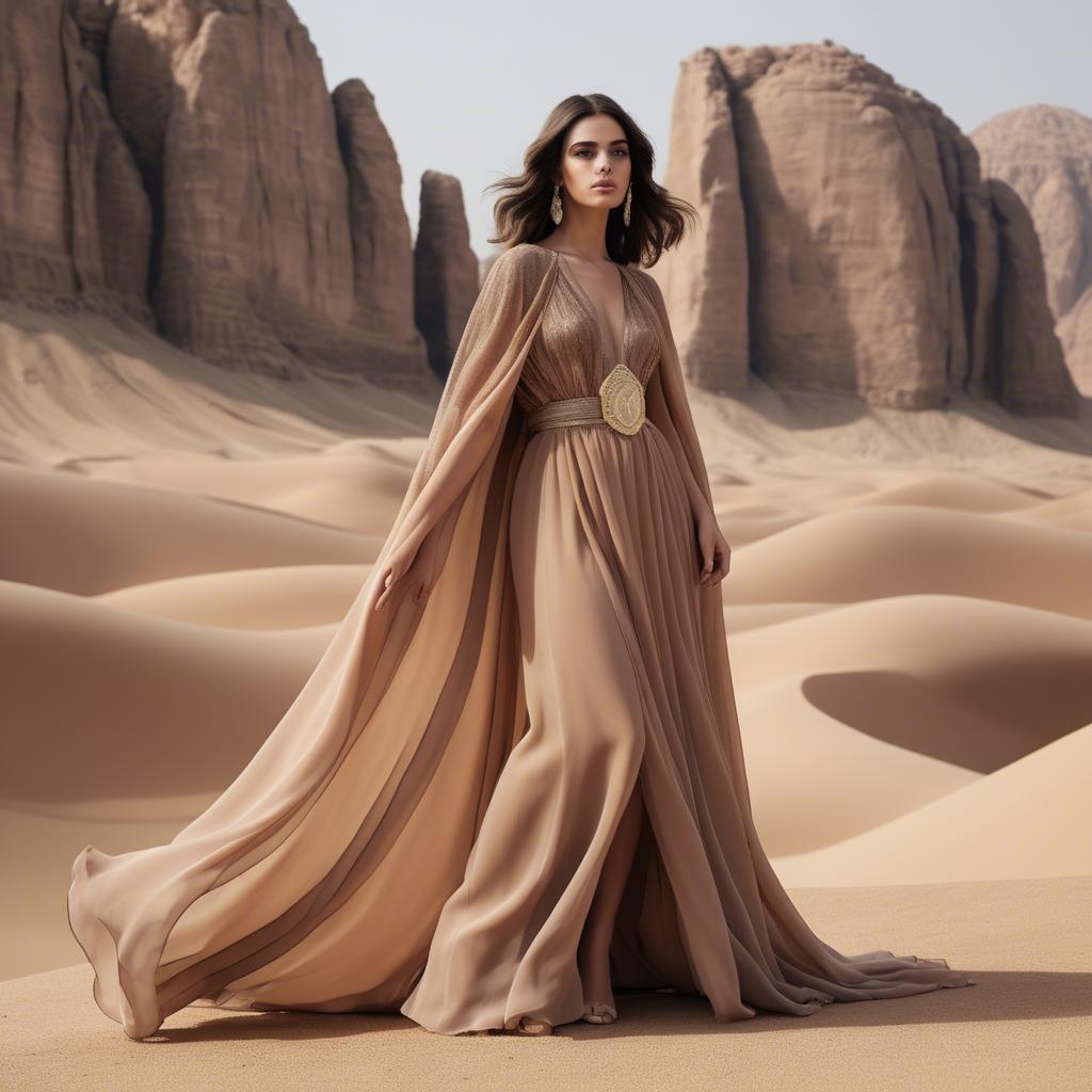 A stunning image of jordanian glamour highlighted by a billowing chiffon cape capturing desert-inspired hues.
