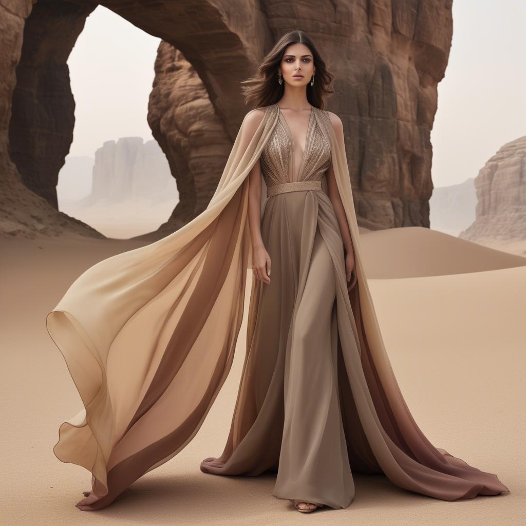 A stunning image of jordanian glamour highlighted by a billowing chiffon cape capturing desert-inspired hues.
