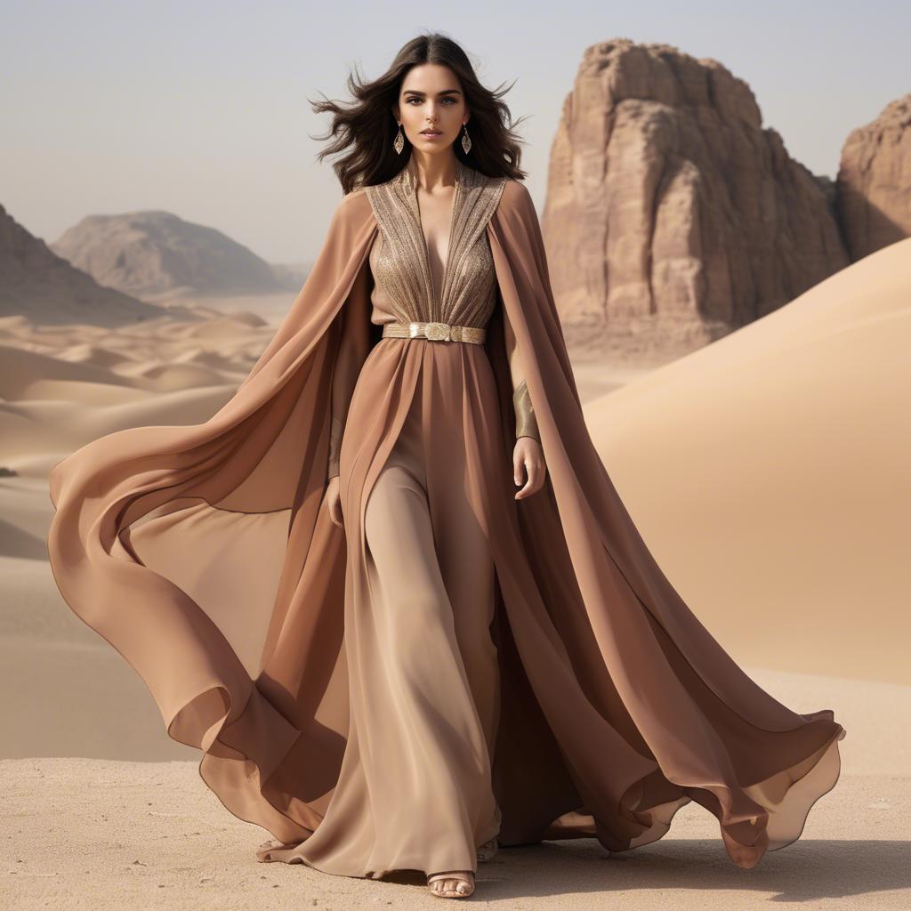 A stunning image of jordanian glamour highlighted by a billowing chiffon cape capturing desert-inspired hues.