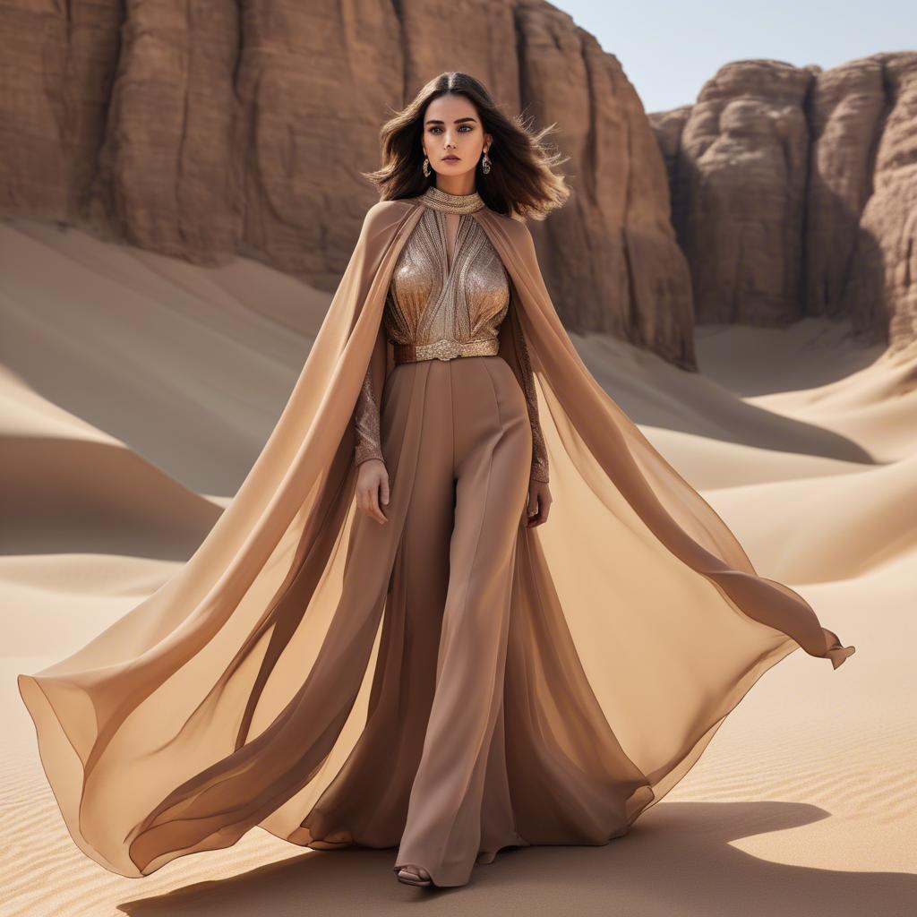 A stunning image of jordanian glamour highlighted by a billowing chiffon cape capturing desert-inspired hues.