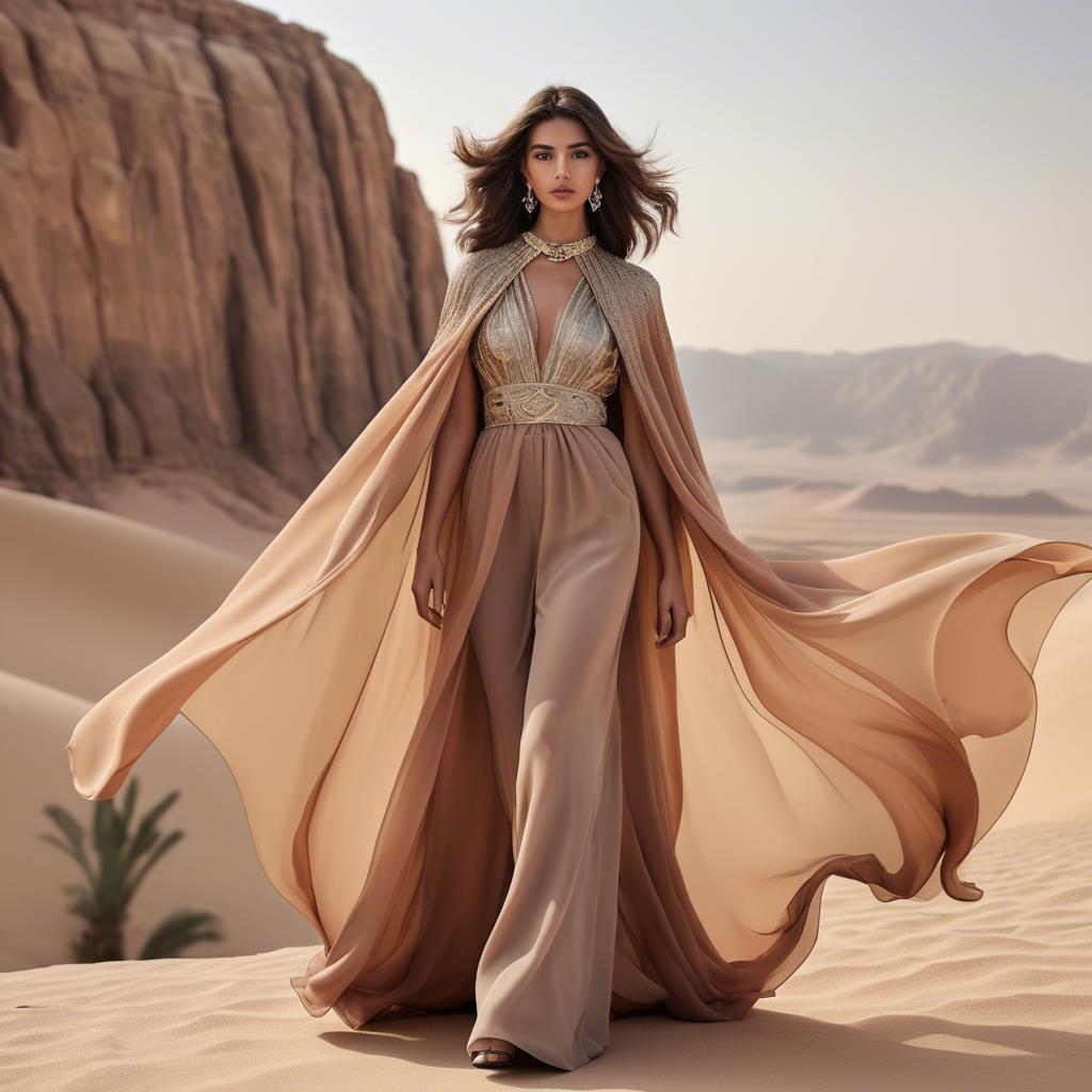 A stunning image of jordanian glamour highlighted by a billowing chiffon cape capturing desert-inspired hues.