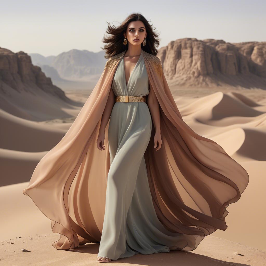 A stunning image of jordanian glamour highlighted by a billowing chiffon cape capturing desert-inspired hues.