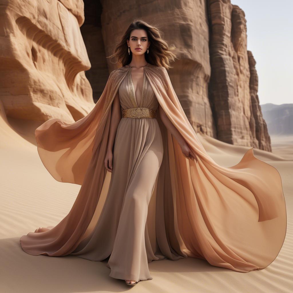 A stunning image of jordanian glamour highlighted by a billowing chiffon cape capturing desert-inspired hues.