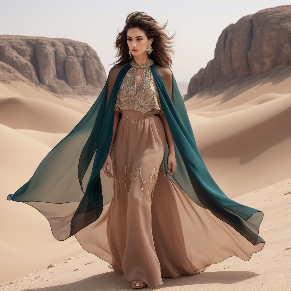 A stunning image of jordanian glamour highlighted by a billowing chiffon cape capturing desert-inspired hues.