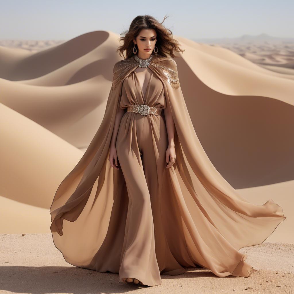 A stunning image of jordanian glamour highlighted by a billowing chiffon cape capturing desert-inspired hues.