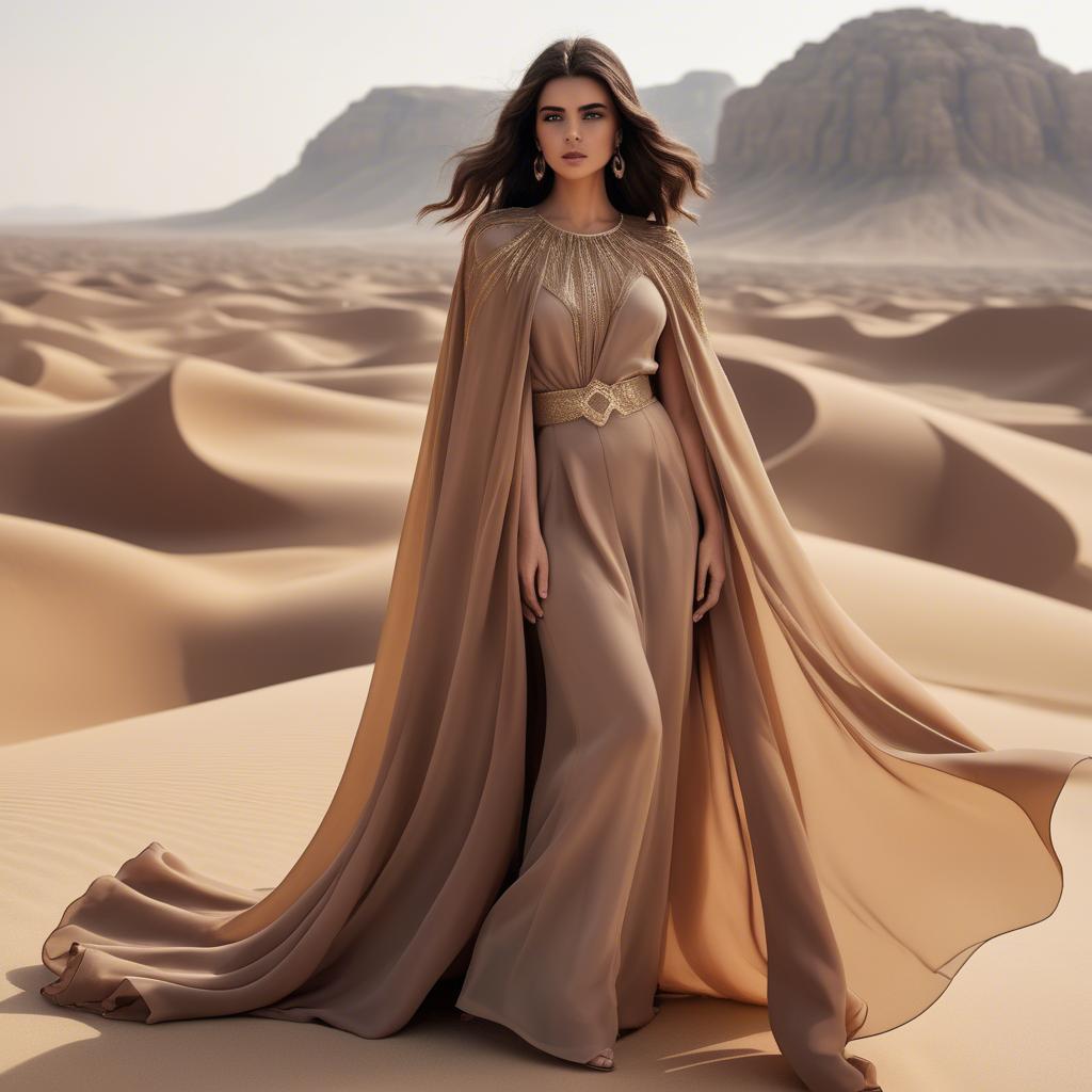 A stunning image of jordanian glamour highlighted by a billowing chiffon cape capturing desert-inspired hues.