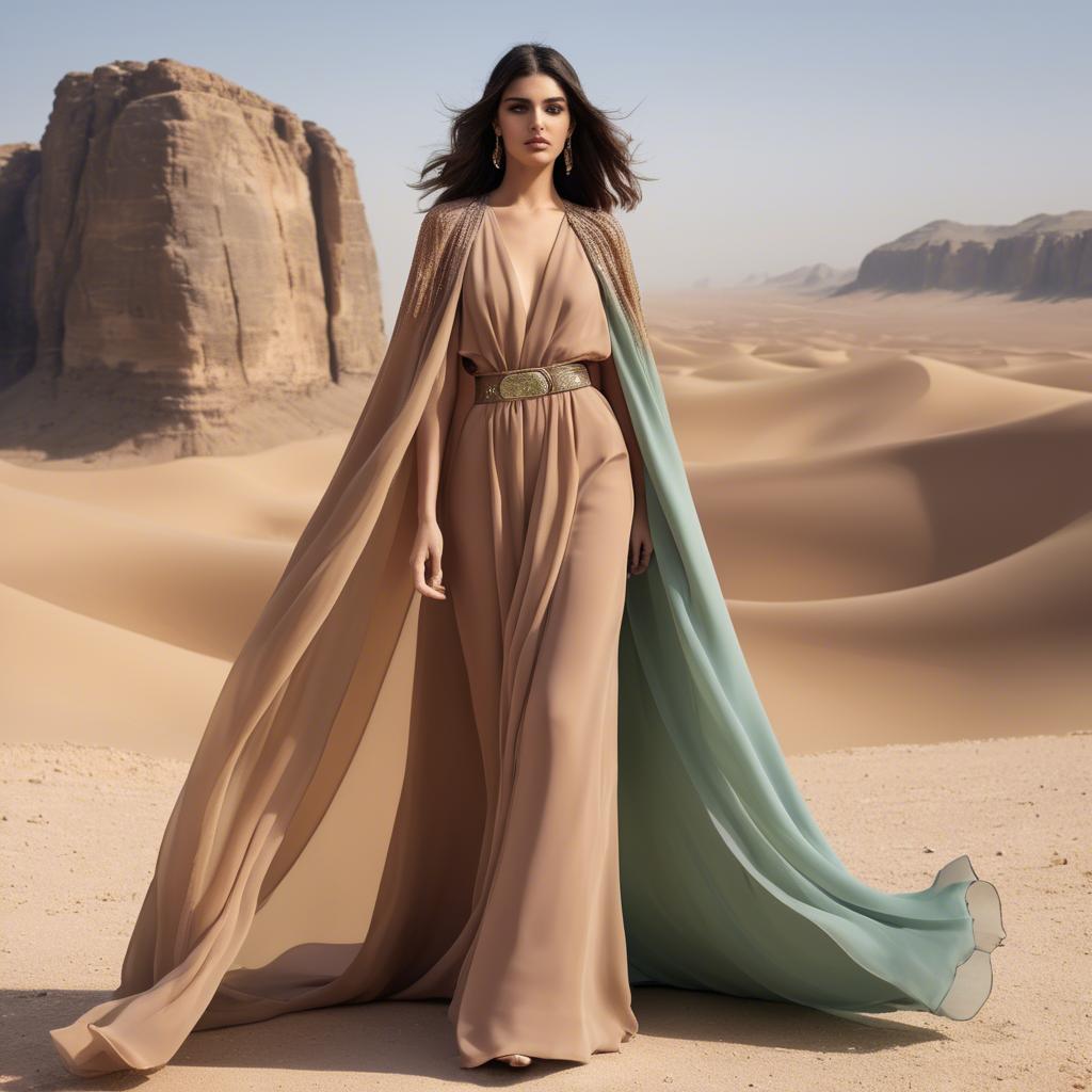 A stunning image of jordanian glamour highlighted by a billowing chiffon cape capturing desert-inspired hues.