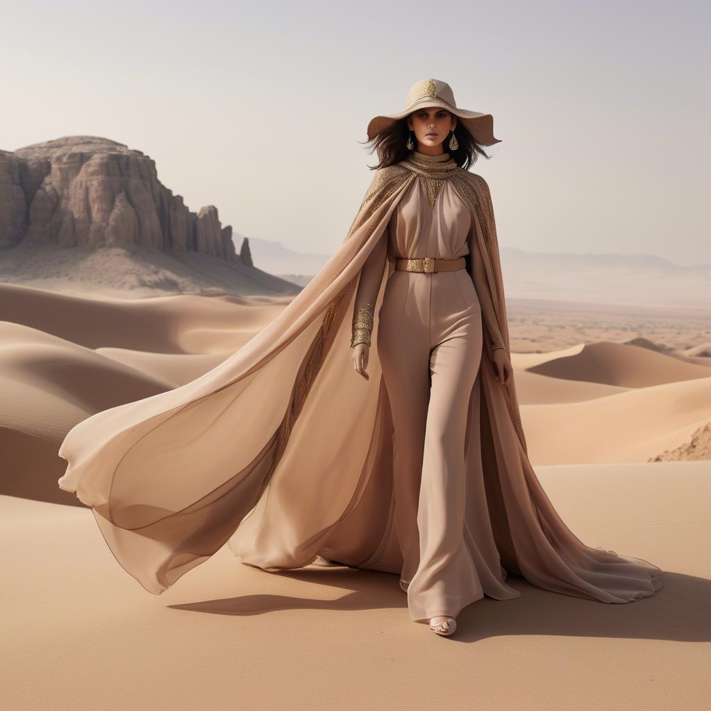 A stunning image of jordanian glamour highlighted by a billowing chiffon cape capturing desert-inspired hues.