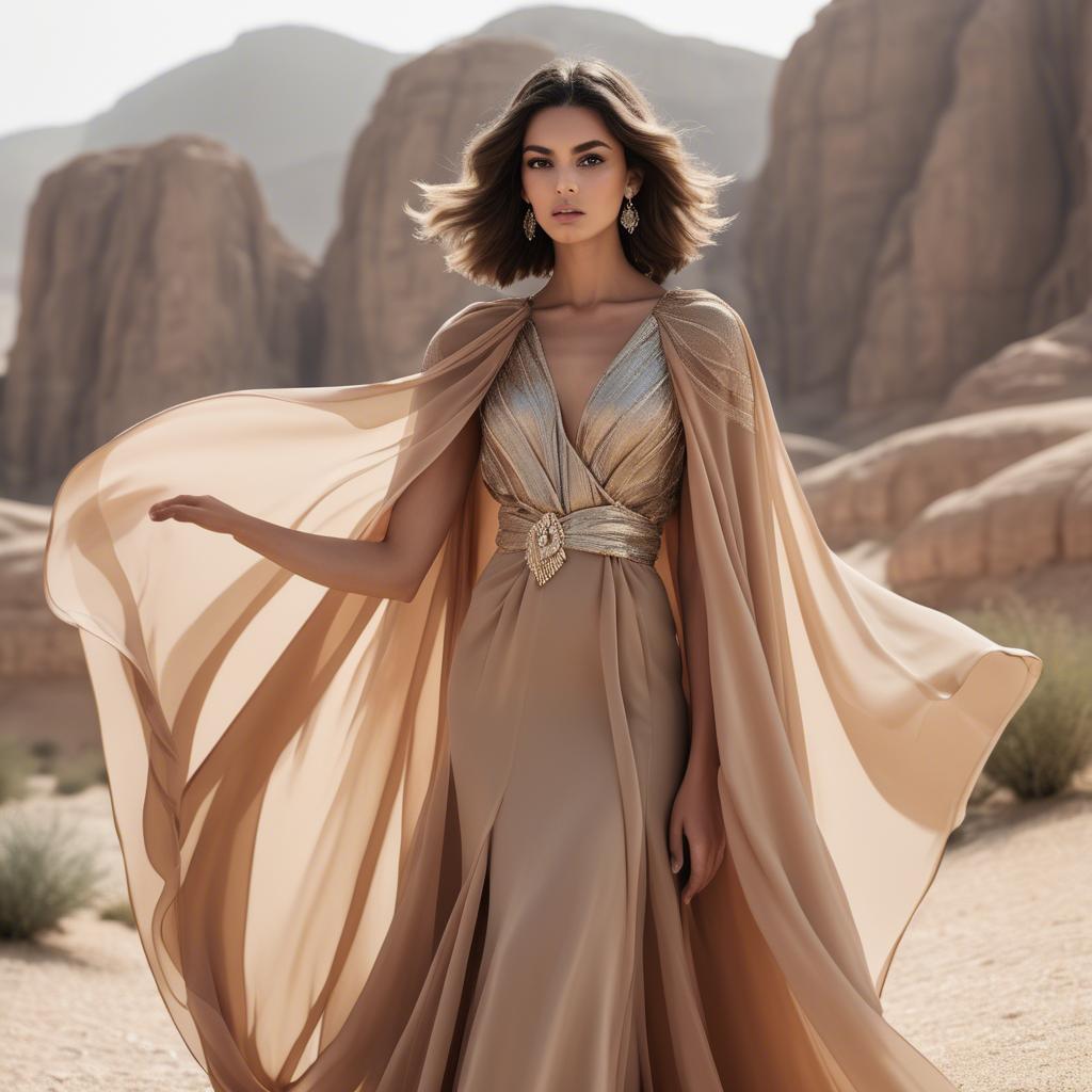 A stunning image of jordanian glamour highlighted by a billowing chiffon cape capturing desert-inspired hues.