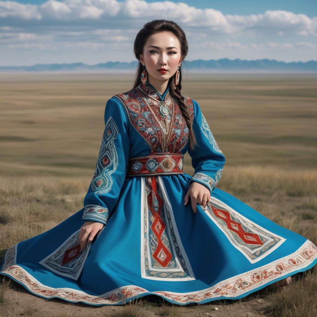 A stunning image of kazakh muse donning a modernized national dress photographed against vast steppe panoramas.