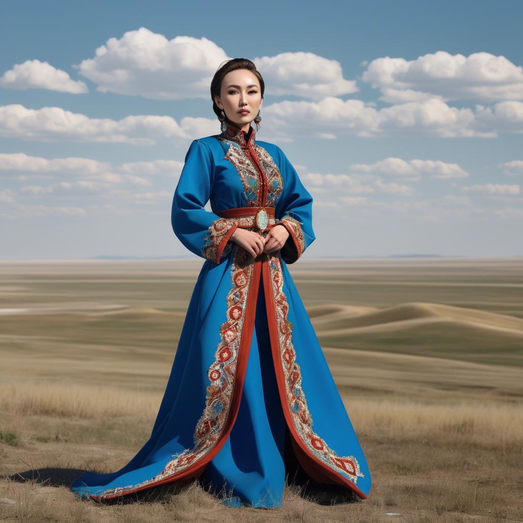 A stunning image of kazakh muse donning a modernized national dress photographed against vast steppe panoramas.