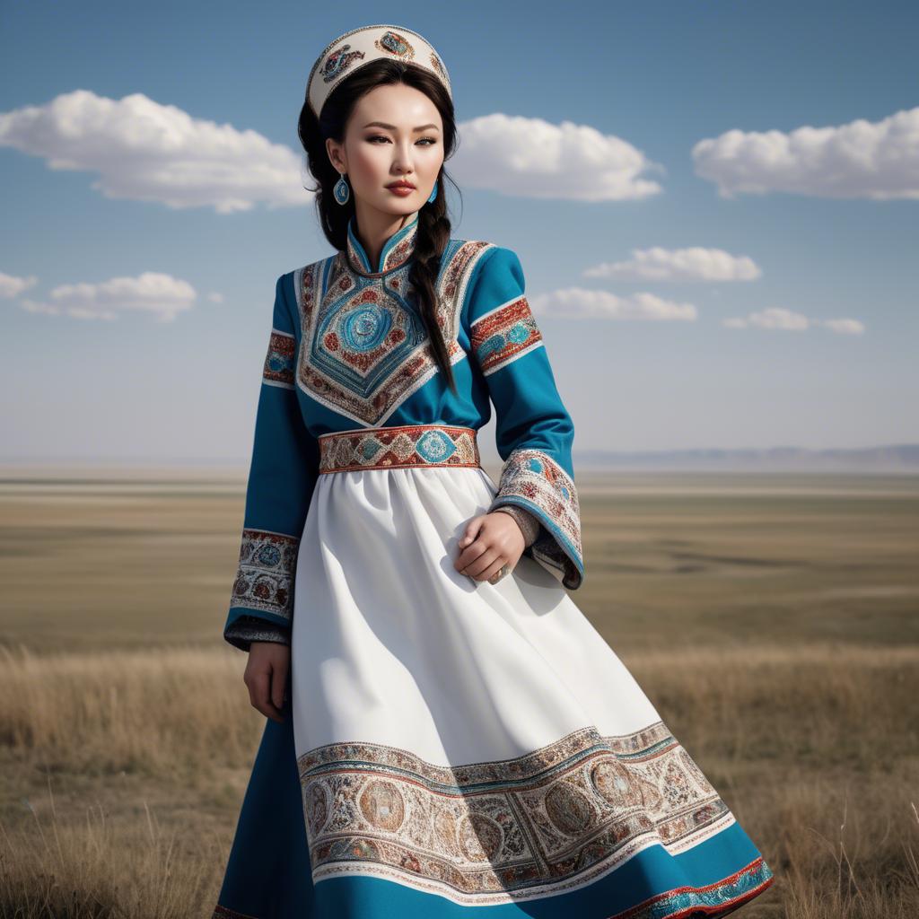 A stunning image of kazakh muse donning a modernized national dress photographed against vast steppe panoramas.