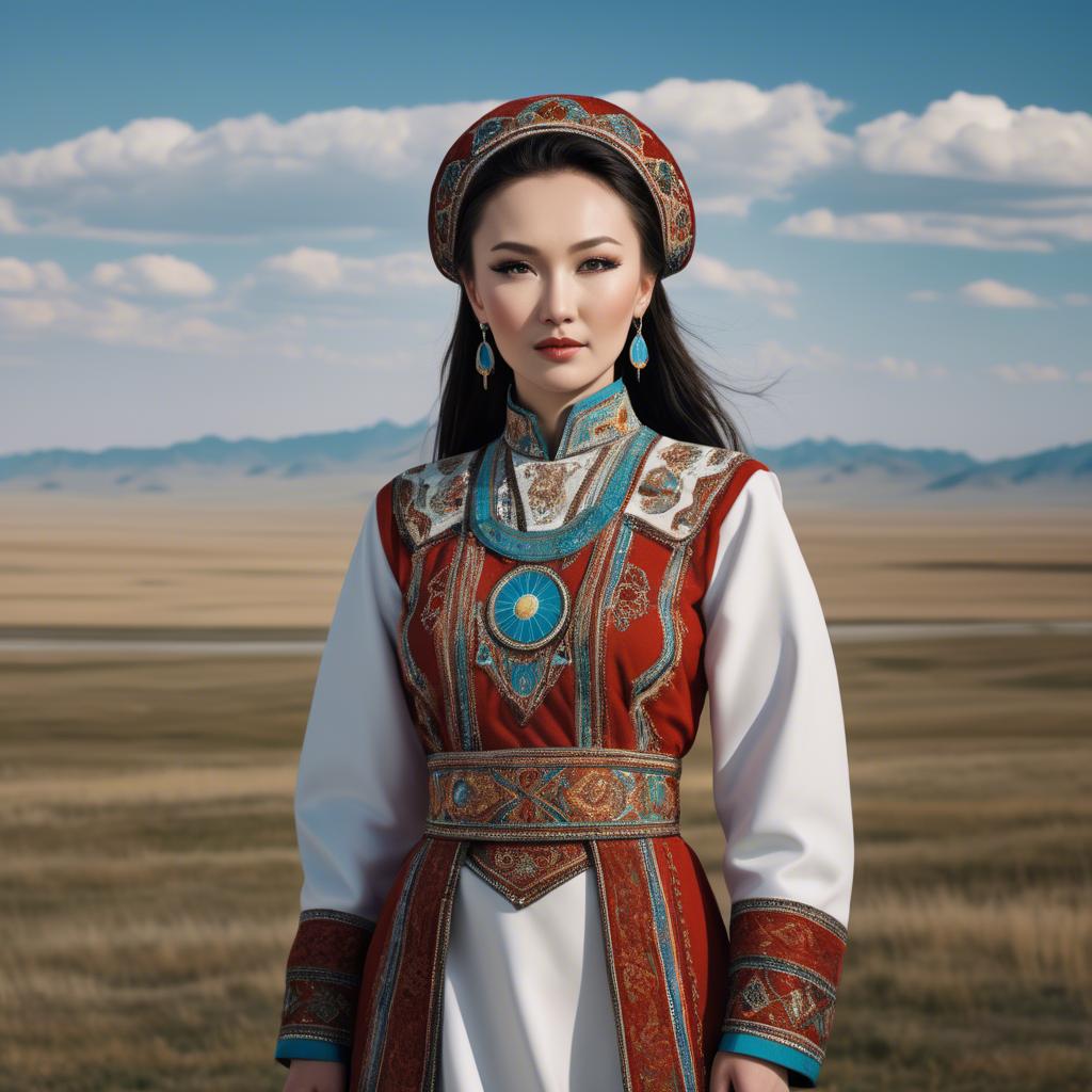 A stunning image of kazakh muse donning a modernized national dress photographed against vast steppe panoramas.