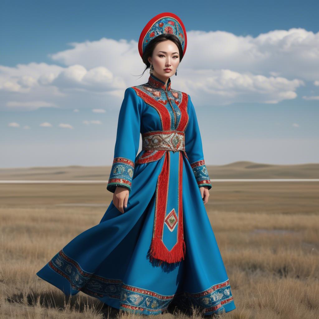 A stunning image of kazakh muse donning a modernized national dress photographed against vast steppe panoramas.