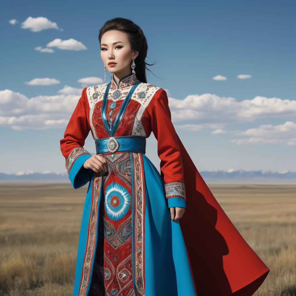A stunning image of kazakh muse donning a modernized national dress photographed against vast steppe panoramas.