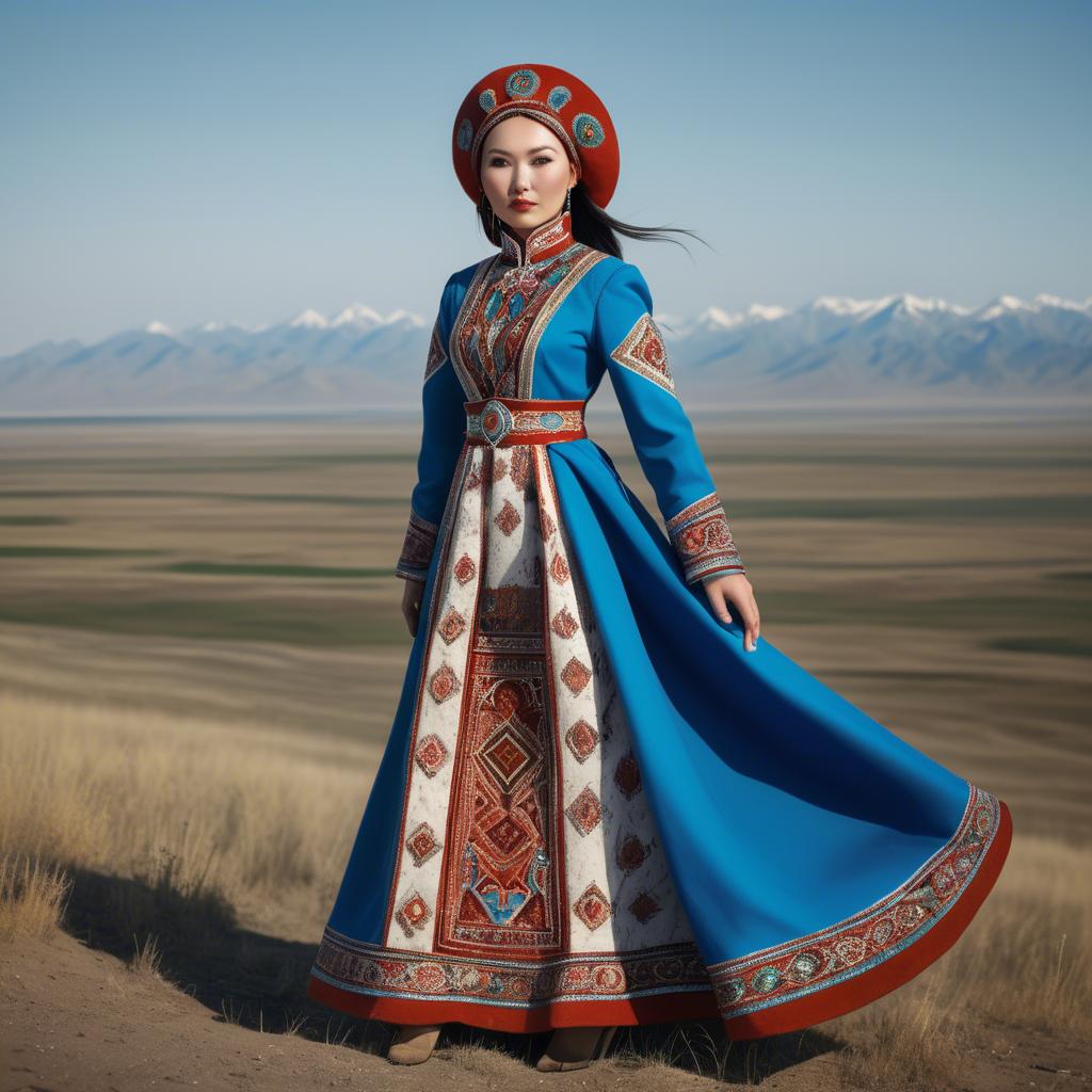 A stunning image of kazakh muse donning a modernized national dress photographed against vast steppe panoramas.