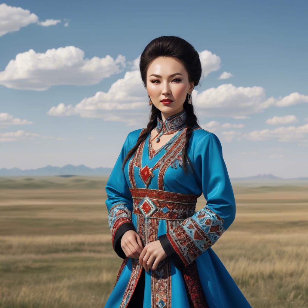 A stunning image of kazakh muse donning a modernized national dress photographed against vast steppe panoramas.
