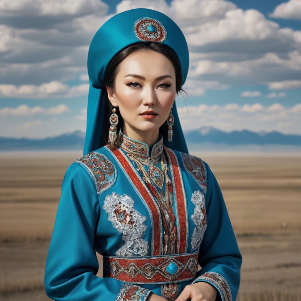 A stunning image of kazakh muse donning a modernized national dress photographed against vast steppe panoramas.