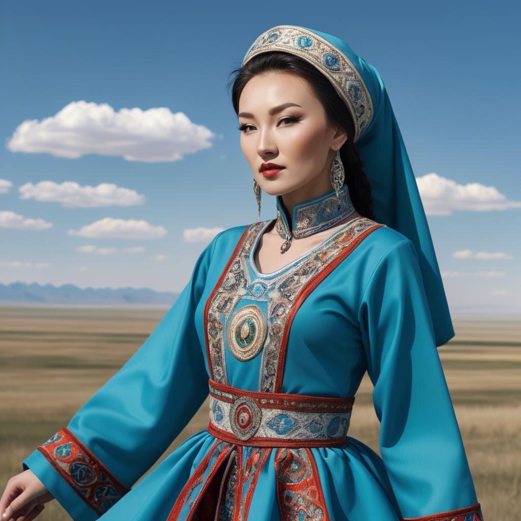 A stunning image of kazakh muse donning a modernized national dress photographed against vast steppe panoramas.